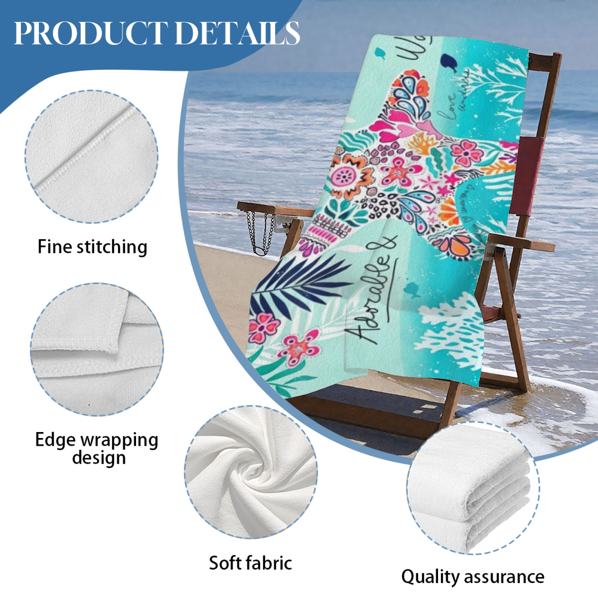 Tropical Floral Starfish Pattern Beach Towel, Skin?Friendly Plush & Quick Absorbing, Various Length Options Bring Extra Comfort for Summer Seaside Trips
