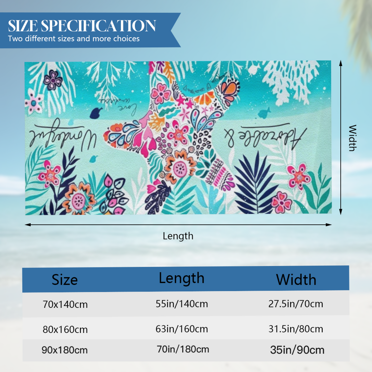 Tropical Floral Starfish Pattern Beach Towel, Skin?Friendly Plush & Quick Absorbing, Various Length Options Bring Extra Comfort for Summer Seaside Trips