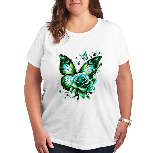 Fresh Green Butterfly & Mint Rose Plus Size Women Printed T-Shirt