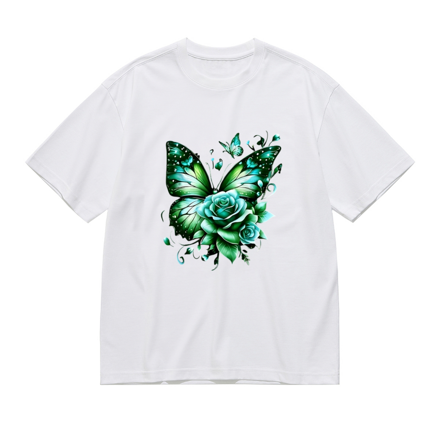Fresh Green Butterfly & Mint Rose Plus Size Women Printed T-Shirt