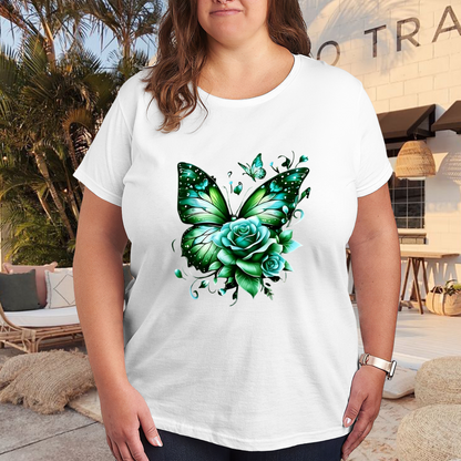 Fresh Green Butterfly & Mint Rose Plus Size Women Printed T-Shirt