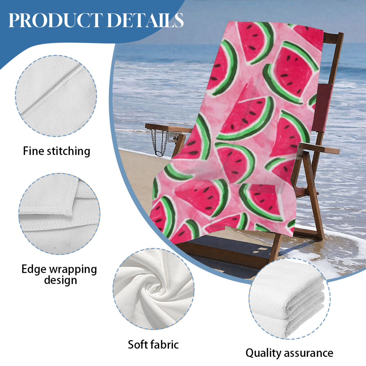 Cute Pink Watermelon Slice Summer Beach Towel, Plush Soft & Quick Water Absorbing, Multiple Lengths Available, Cozy Lightweight Towel for Kids & Adults Beach Day