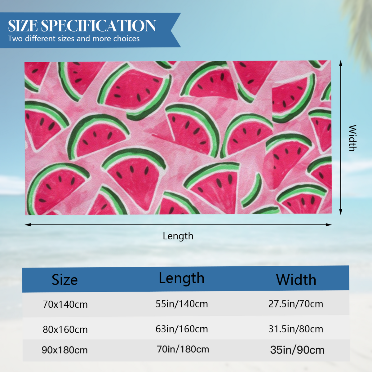 Cute Pink Watermelon Slice Summer Beach Towel, Plush Soft & Quick Water Absorbing, Multiple Lengths Available, Cozy Lightweight Towel for Kids & Adults Beach Day