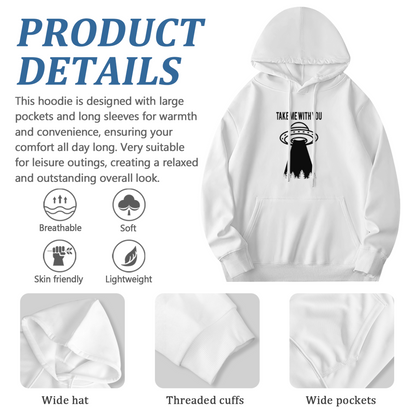 UFO Alien Take Me With You White Hoodie, Casual Soft Comfort