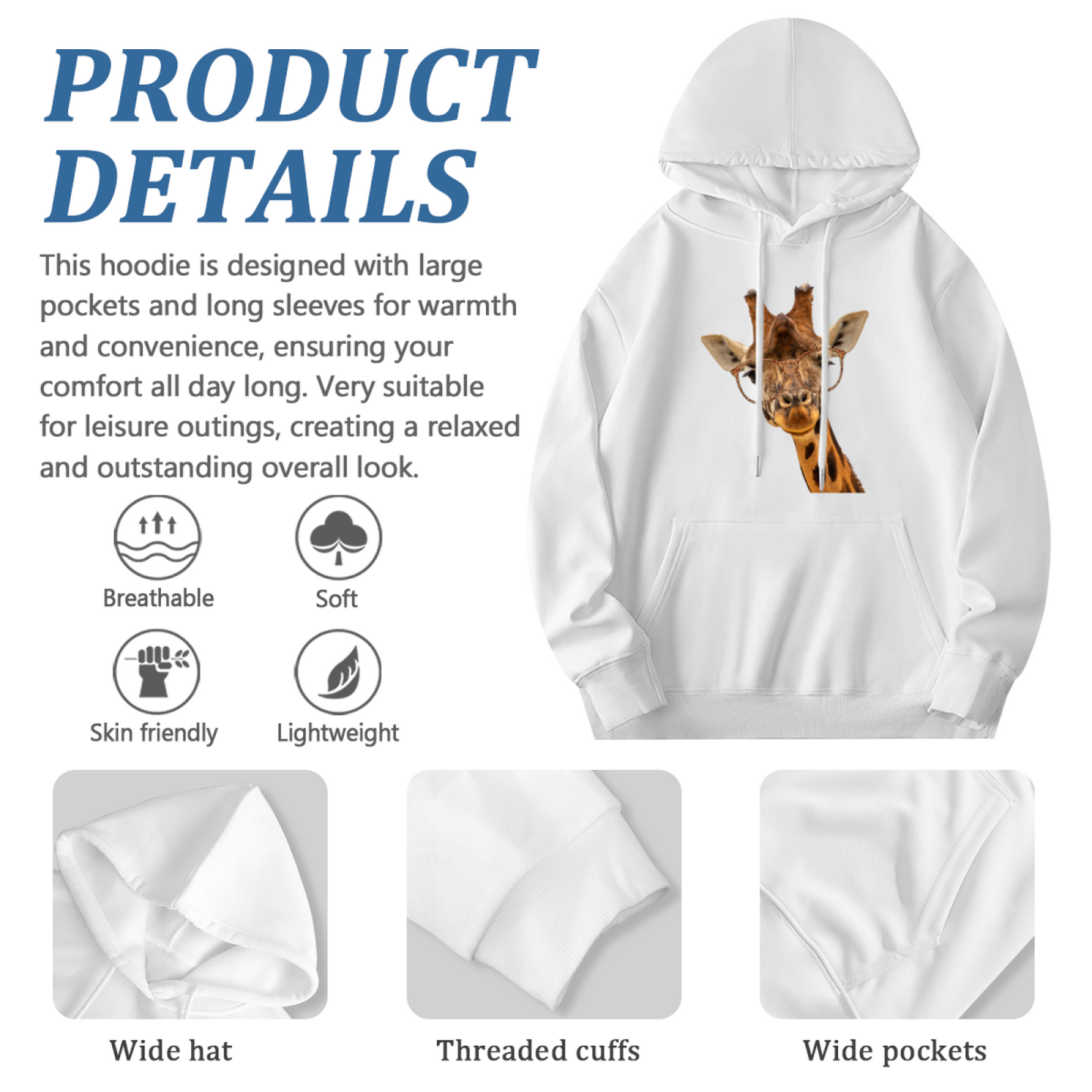 Nerdy Glasses Giraffe Cute Animal Hoodie, Soft Unisex Daily Sweatshirt