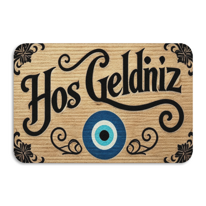 Turkish Evil Eye Hos Geldiniz Welcome Diatom Mat | Wood Grain Silicone Entry Doormat