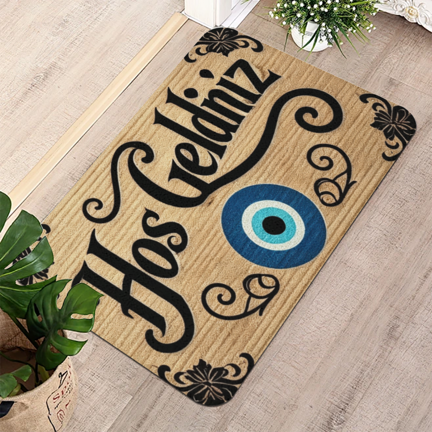 Turkish Evil Eye Hos Geldiniz Welcome Diatom Mat | Wood Grain Silicone Entry Doormat