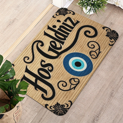 Turkish Evil Eye Hos Geldiniz Welcome Diatom Mat | Wood Grain Silicone Entry Doormat