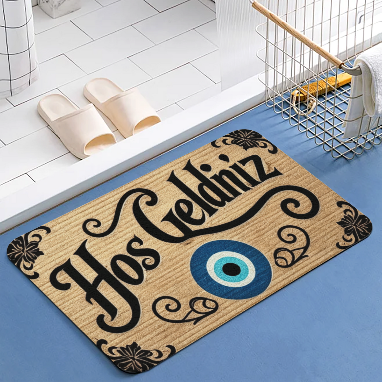 Turkish Evil Eye Hos Geldiniz Welcome Diatom Mat | Wood Grain Silicone Entry Doormat