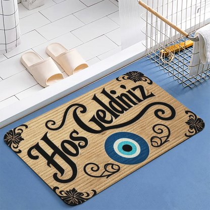 Turkish Evil Eye Hos Geldiniz Welcome Diatom Mat | Wood Grain Silicone Entry Doormat