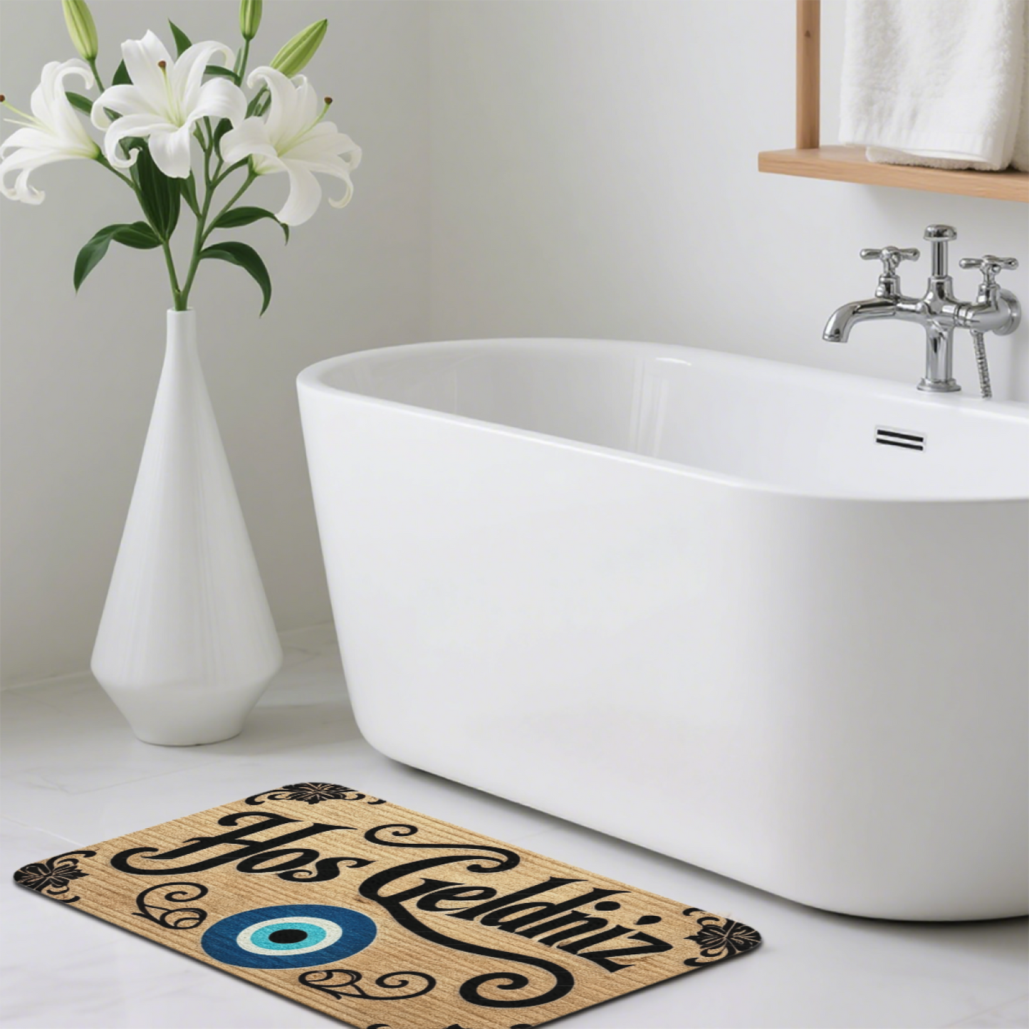Turkish Evil Eye Hos Geldiniz Welcome Diatom Mat | Wood Grain Silicone Entry Doormat