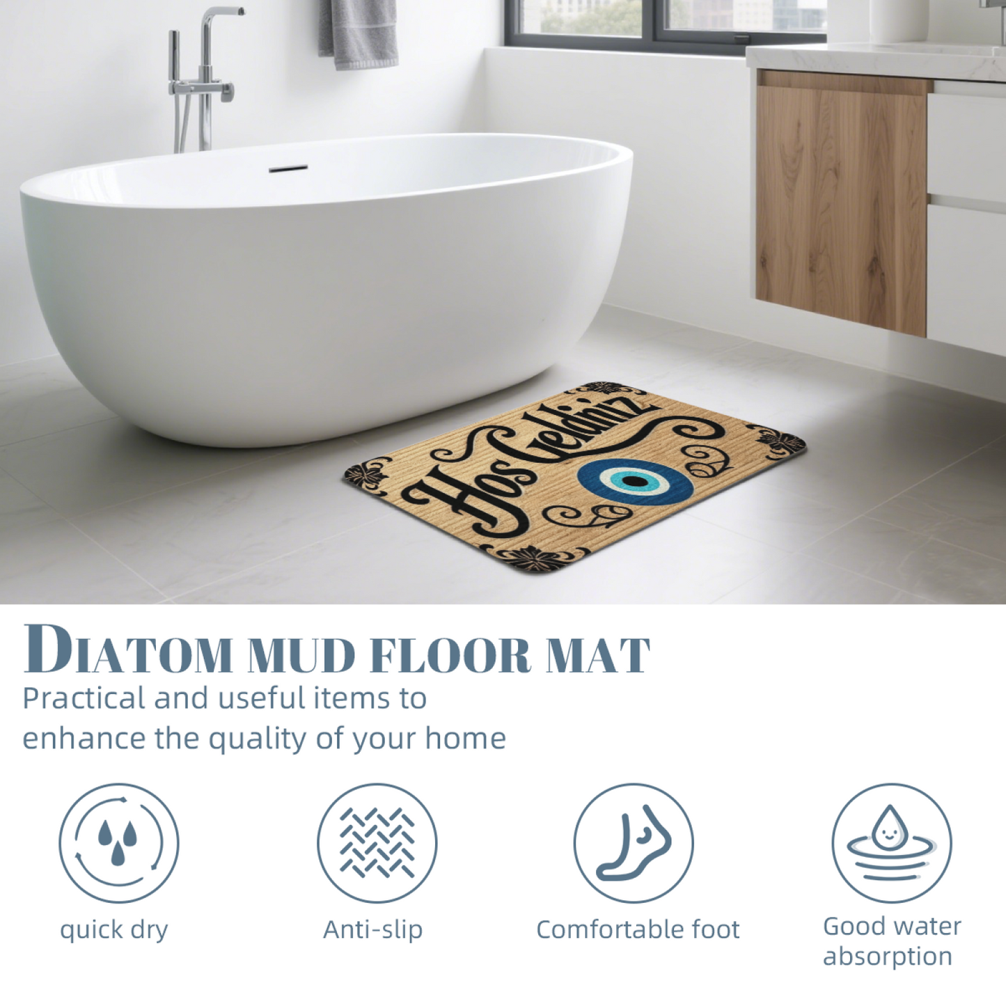 Turkish Evil Eye Hos Geldiniz Welcome Diatom Mat | Wood Grain Silicone Entry Doormat