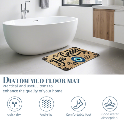 Turkish Evil Eye Hos Geldiniz Welcome Diatom Mat | Wood Grain Silicone Entry Doormat