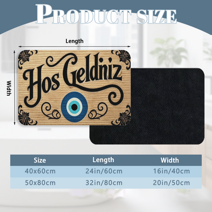 Turkish Evil Eye Hos Geldiniz Welcome Diatom Mat | Wood Grain Silicone Entry Doormat