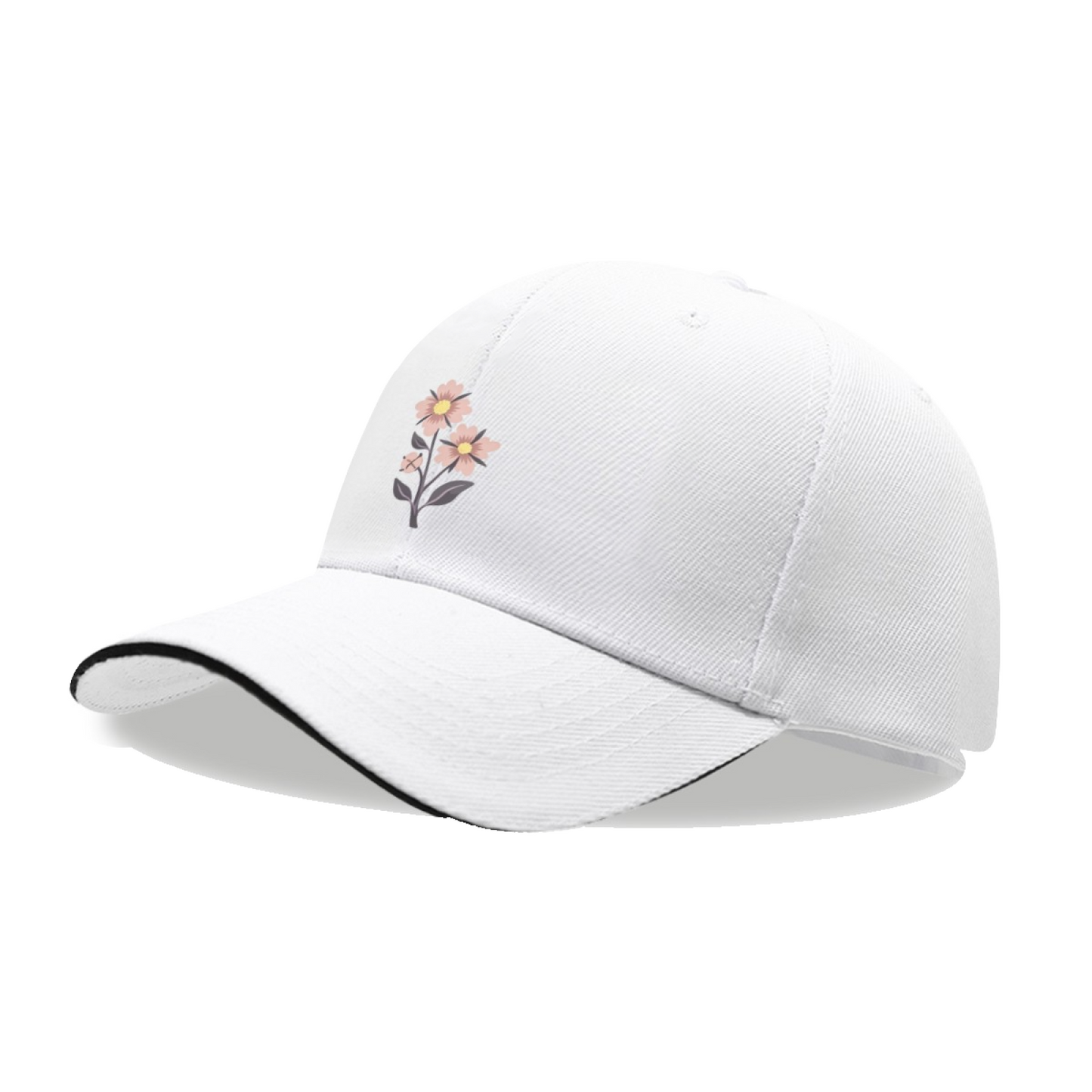 Soft Pink Small Floral Branch White Sandwich Visor Baseball Cap, Gentle Floral Ladies Hat