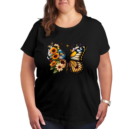 Vibrant Monarch Butterfly Sunflower Floral White Plus Size Women Printed T-Shirt