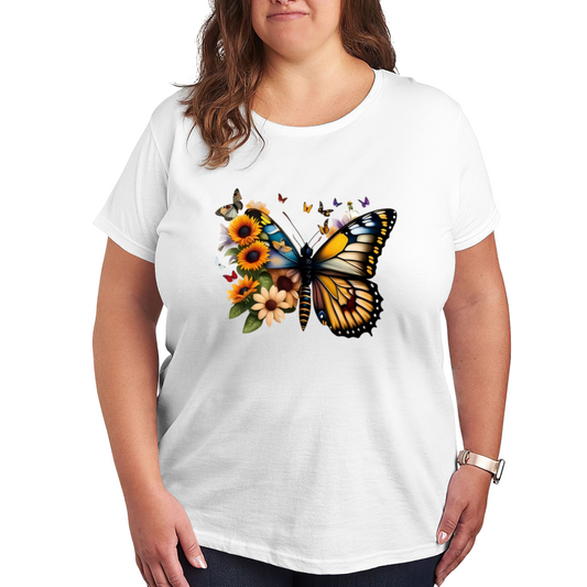 Vibrant Monarch Butterfly Sunflower Floral White Plus Size Women Printed T-Shirt