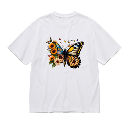 Vibrant Monarch Butterfly Sunflower Floral White Plus Size Women Printed T-Shirt