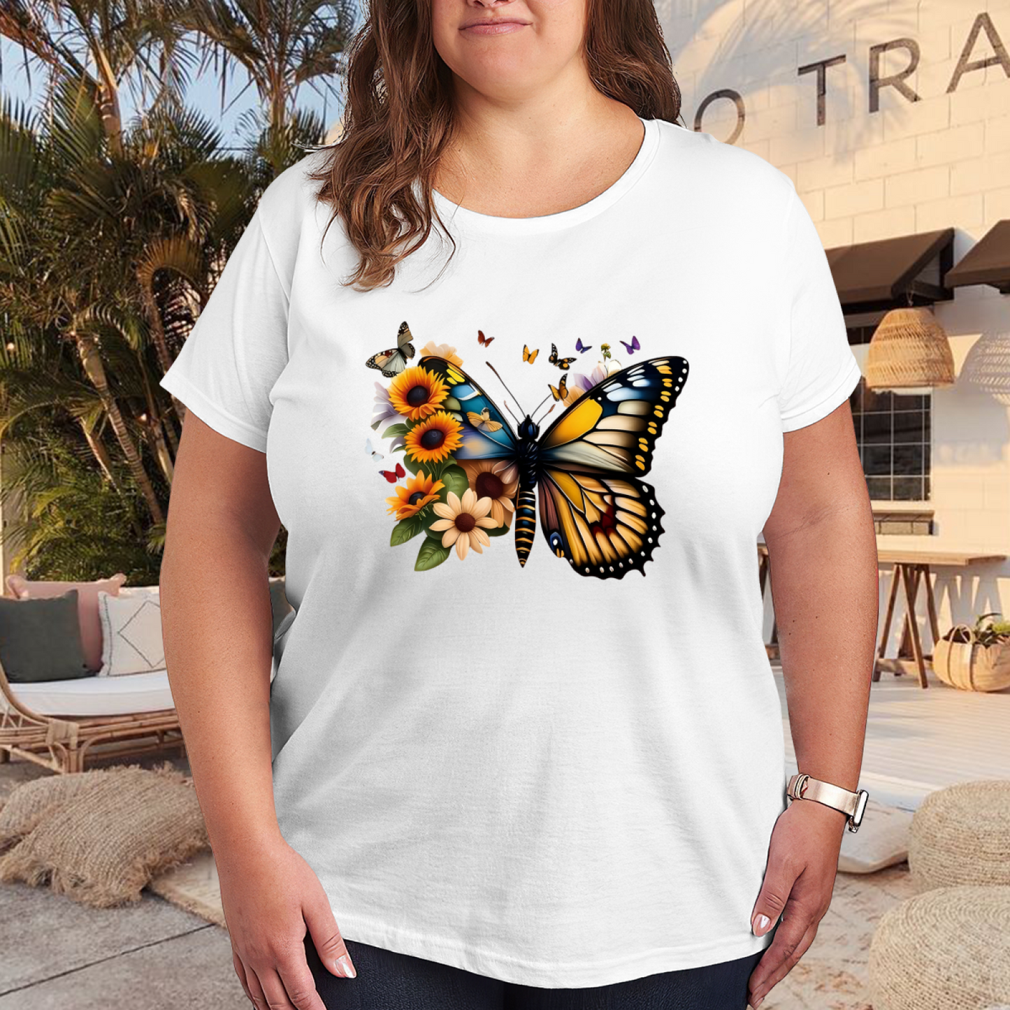Vibrant Monarch Butterfly Sunflower Floral White Plus Size Women Printed T-Shirt