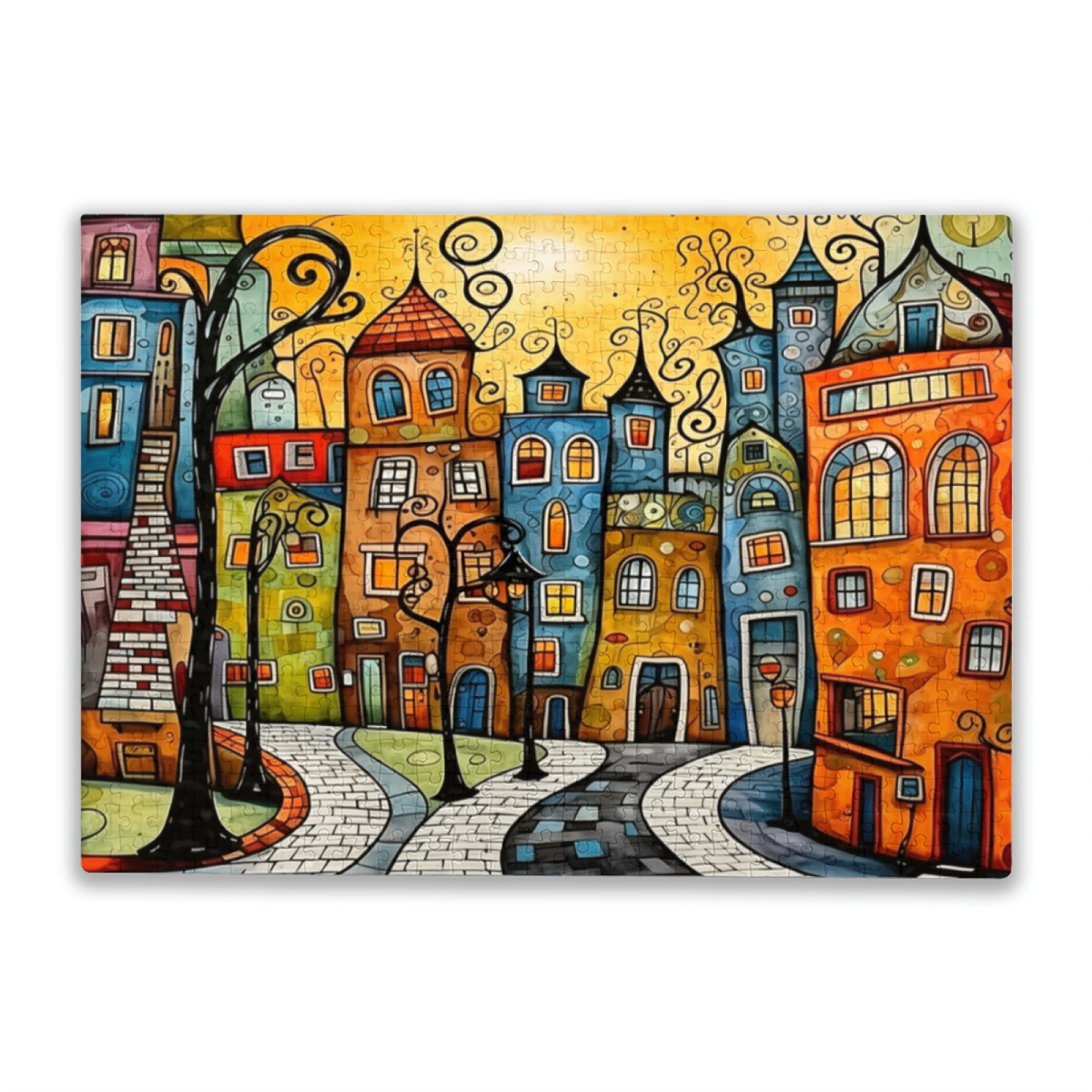 Whimsical Colorful Curly Fairy Tale Town Jigsaw Puzzle | Cartoon European City Art Puzzle 300/500/1000 Pieces