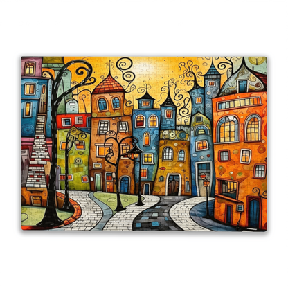 Whimsical Colorful Curly Fairy Tale Town Jigsaw Puzzle | Cartoon European City Art Puzzle 300/500/1000 Pieces