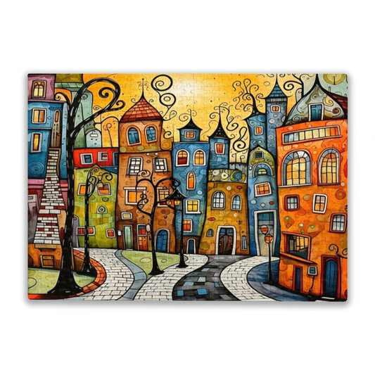 Whimsical Colorful Curly Fairy Tale Town Jigsaw Puzzle | Cartoon European City Art Puzzle 300/500/1000 Pieces