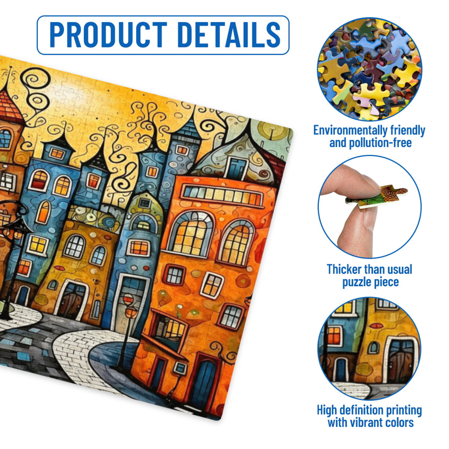 Whimsical Colorful Curly Fairy Tale Town Jigsaw Puzzle | Cartoon European City Art Puzzle 300/500/1000 Pieces