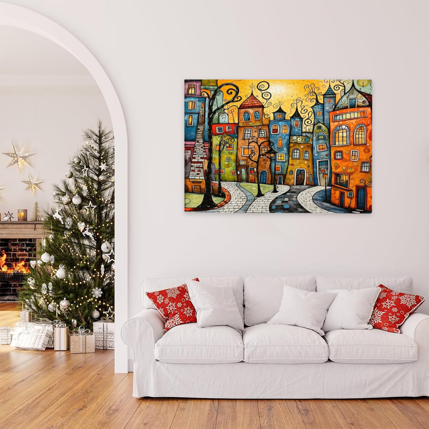 Whimsical Colorful Curly Fairy Tale Town Jigsaw Puzzle | Cartoon European City Art Puzzle 300/500/1000 Pieces