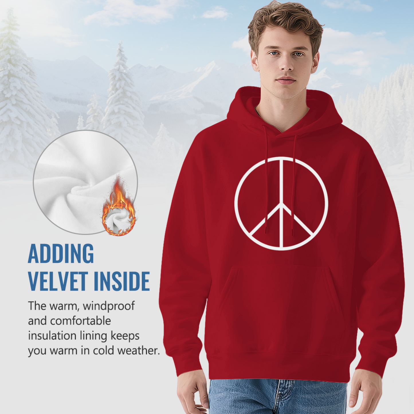 Classic Peace Sign Red Hoodie, Simple Cozy Casual Pullover