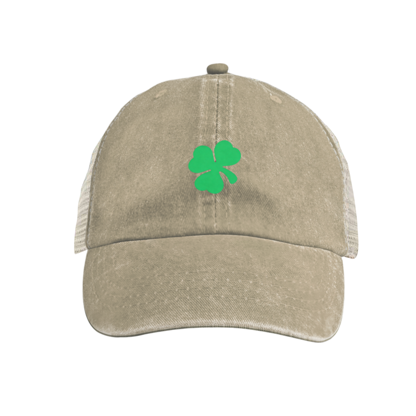 Green Four Leaf Clover Khaki Vintage Washed Mesh Trucker Cap, Lucky St. Patrick Hat