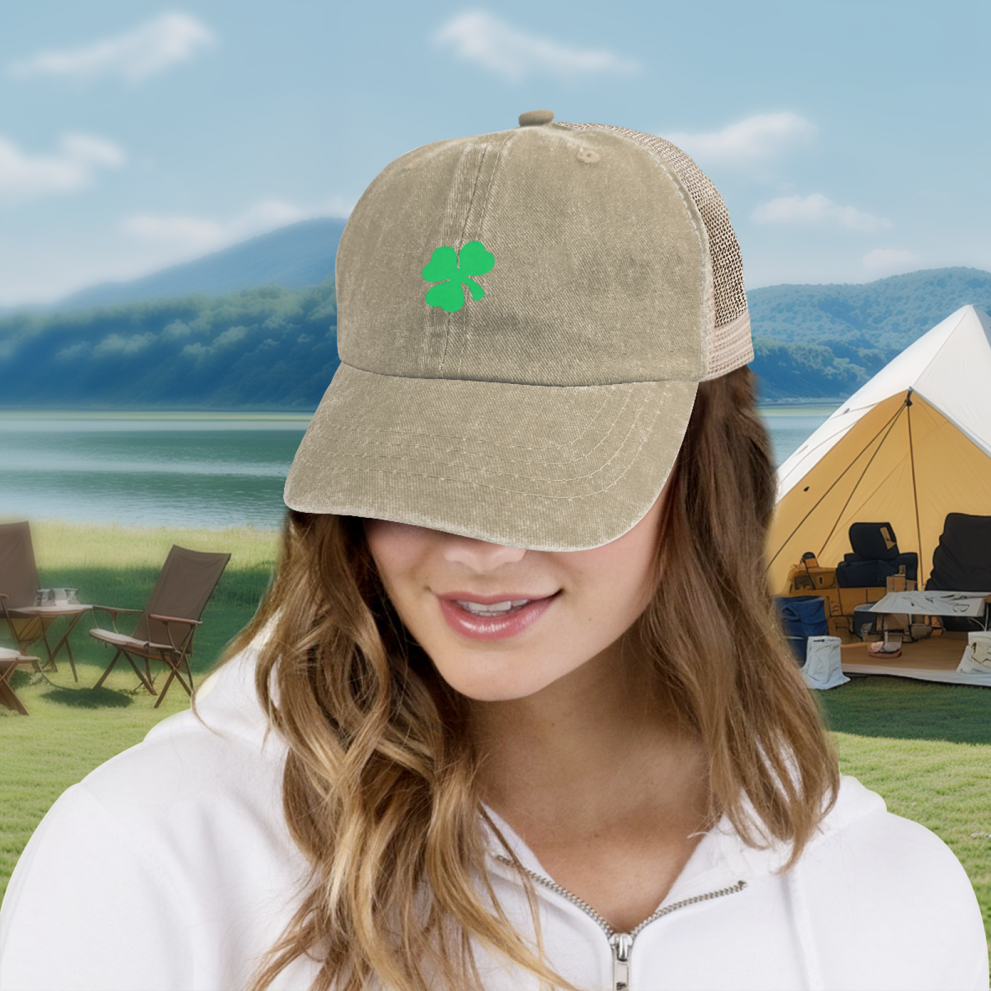 Green Four Leaf Clover Khaki Vintage Washed Mesh Trucker Cap, Lucky St. Patrick Hat