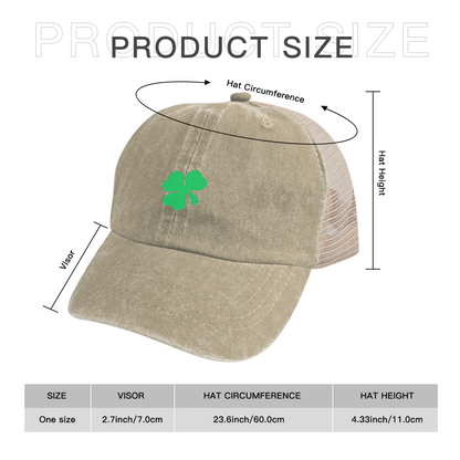 Green Four Leaf Clover Khaki Vintage Washed Mesh Trucker Cap, Lucky St. Patrick Hat