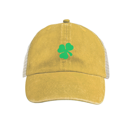 Green Four Leaf Clover Khaki Vintage Washed Mesh Trucker Cap, Lucky St. Patrick Hat