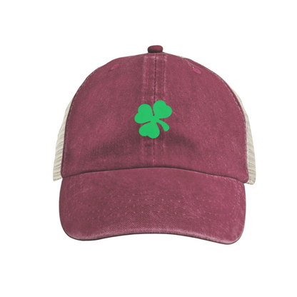 Green Four Leaf Clover Khaki Vintage Washed Mesh Trucker Cap, Lucky St. Patrick Hat