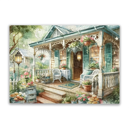 Elegant Pastel Porch with Blooms & Afternoon Treats ¨C Soft Cottagecore Puzzle