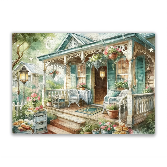 Elegant Pastel Porch with Blooms & Afternoon Treats ¨C Soft Cottagecore Puzzle