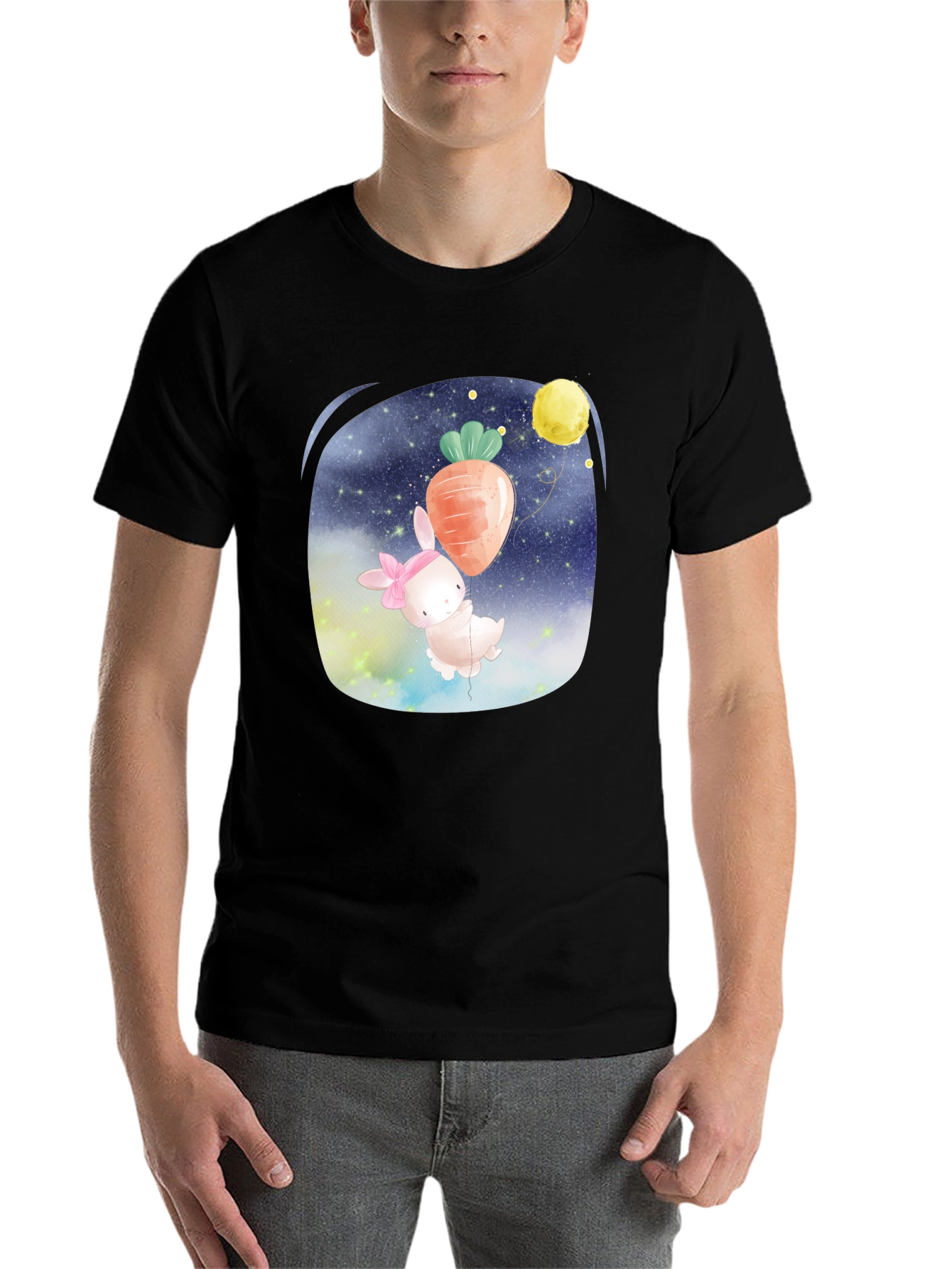 Cute Bunny Carrot Balloon Black T-Shirt