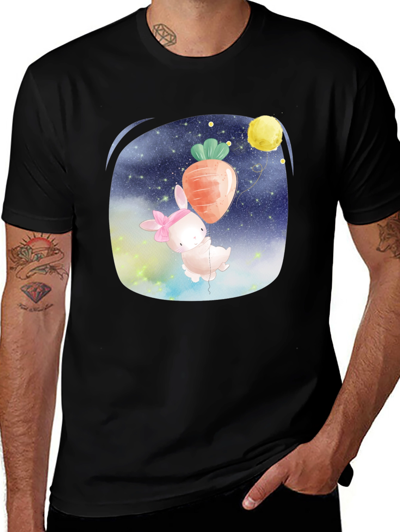 Cute Bunny Carrot Balloon Black T-Shirt