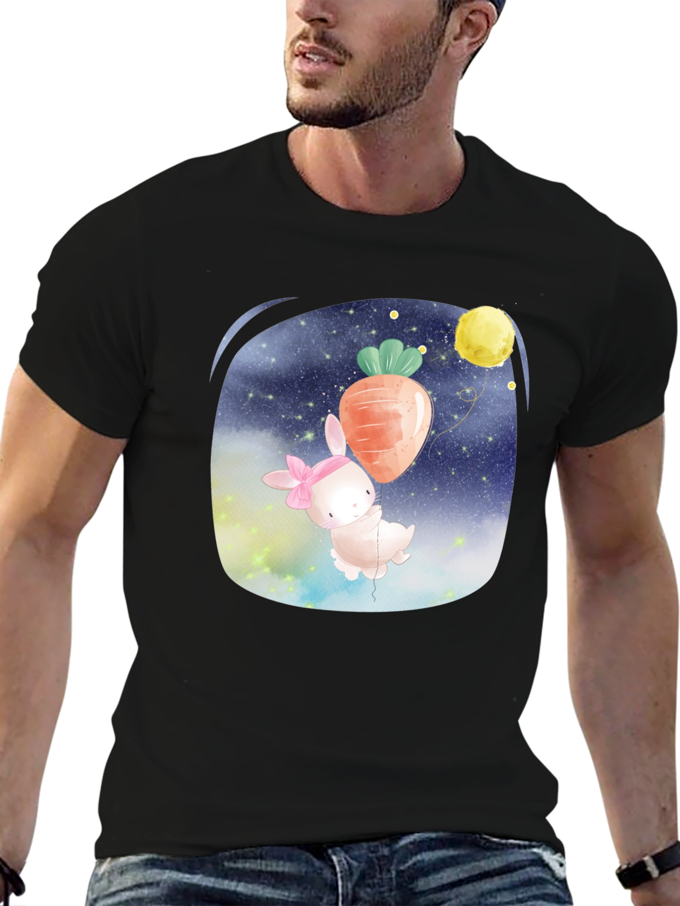 Cute Bunny Carrot Balloon Black T-Shirt