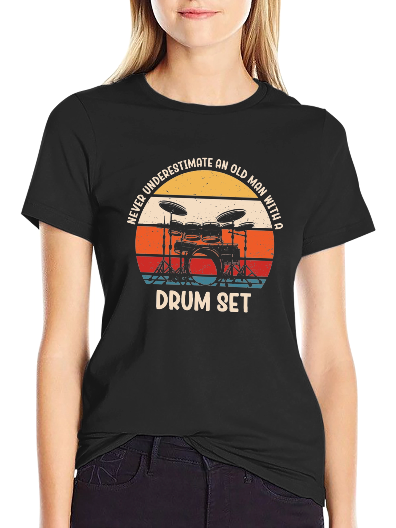 Never Underestimate An Old Man Drum Set Black T-Shirt