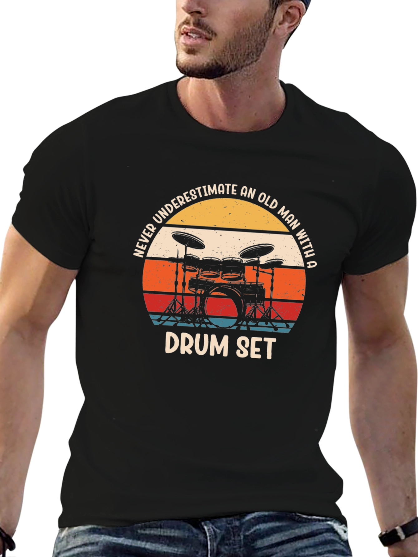 Never Underestimate An Old Man Drum Set Black T-Shirt