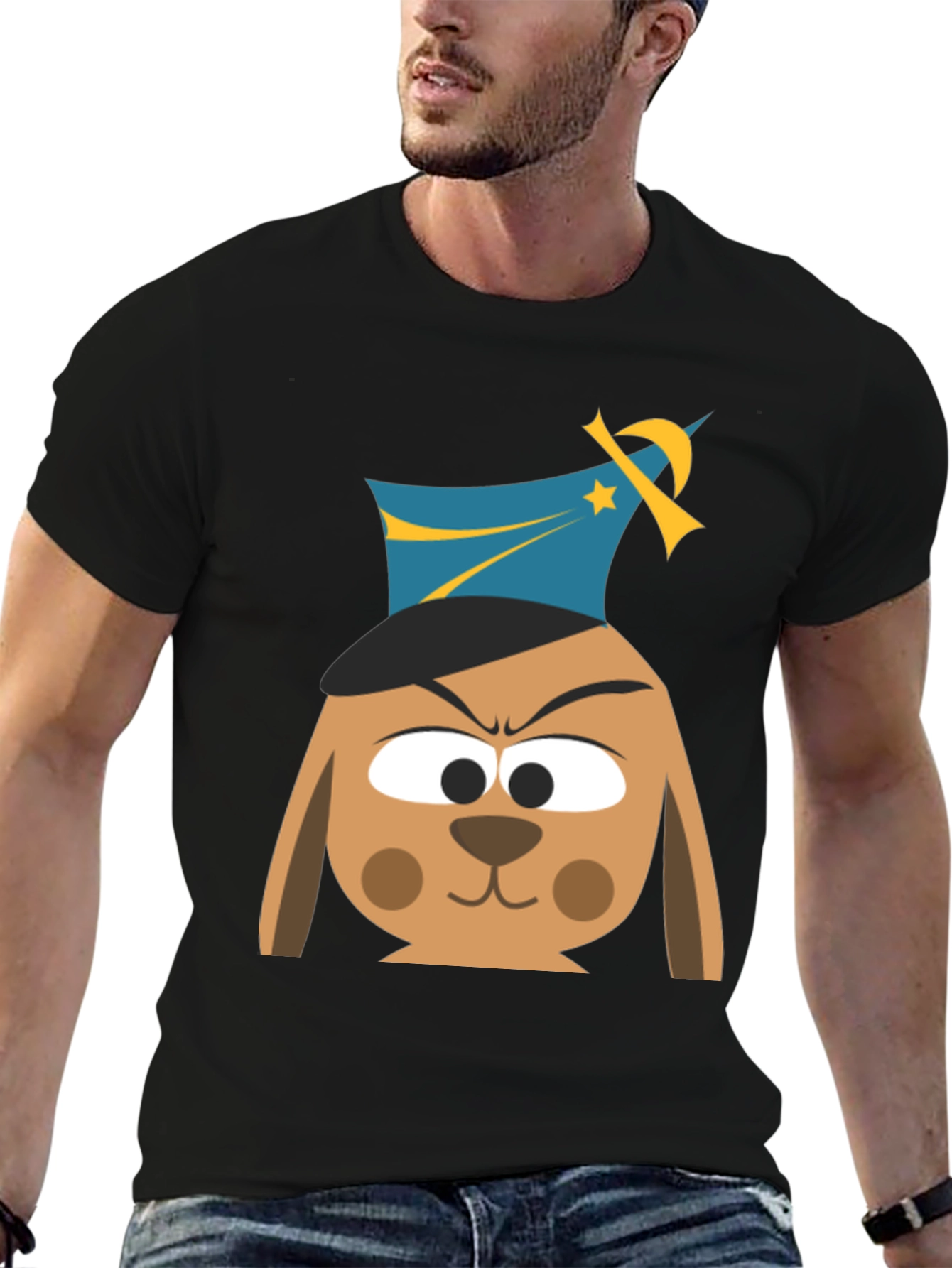 Cartoon Dog Graphic T-Shirt - Black Cotton Tee