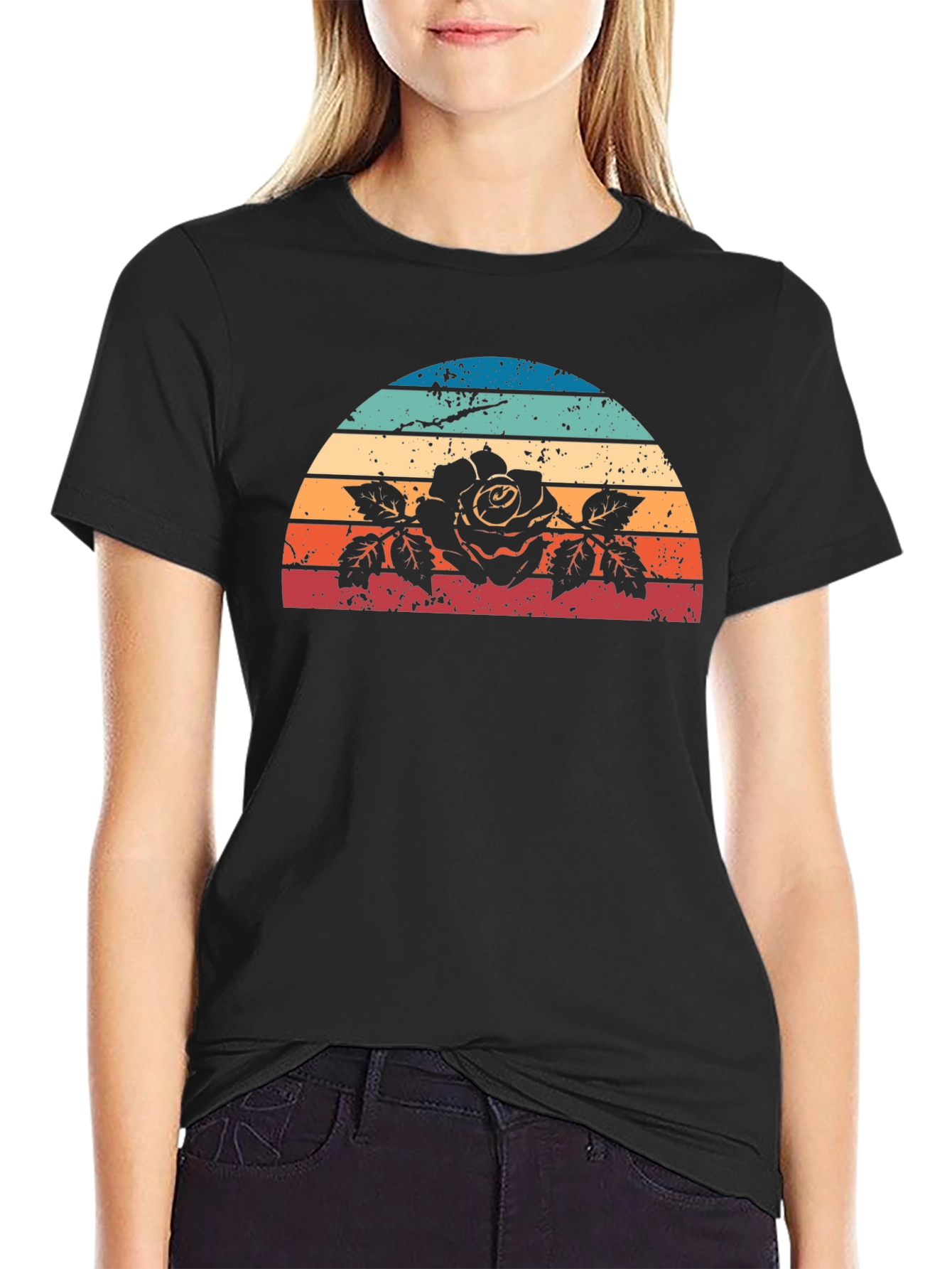 Retro Rose Sunset Graphic Tee - Black