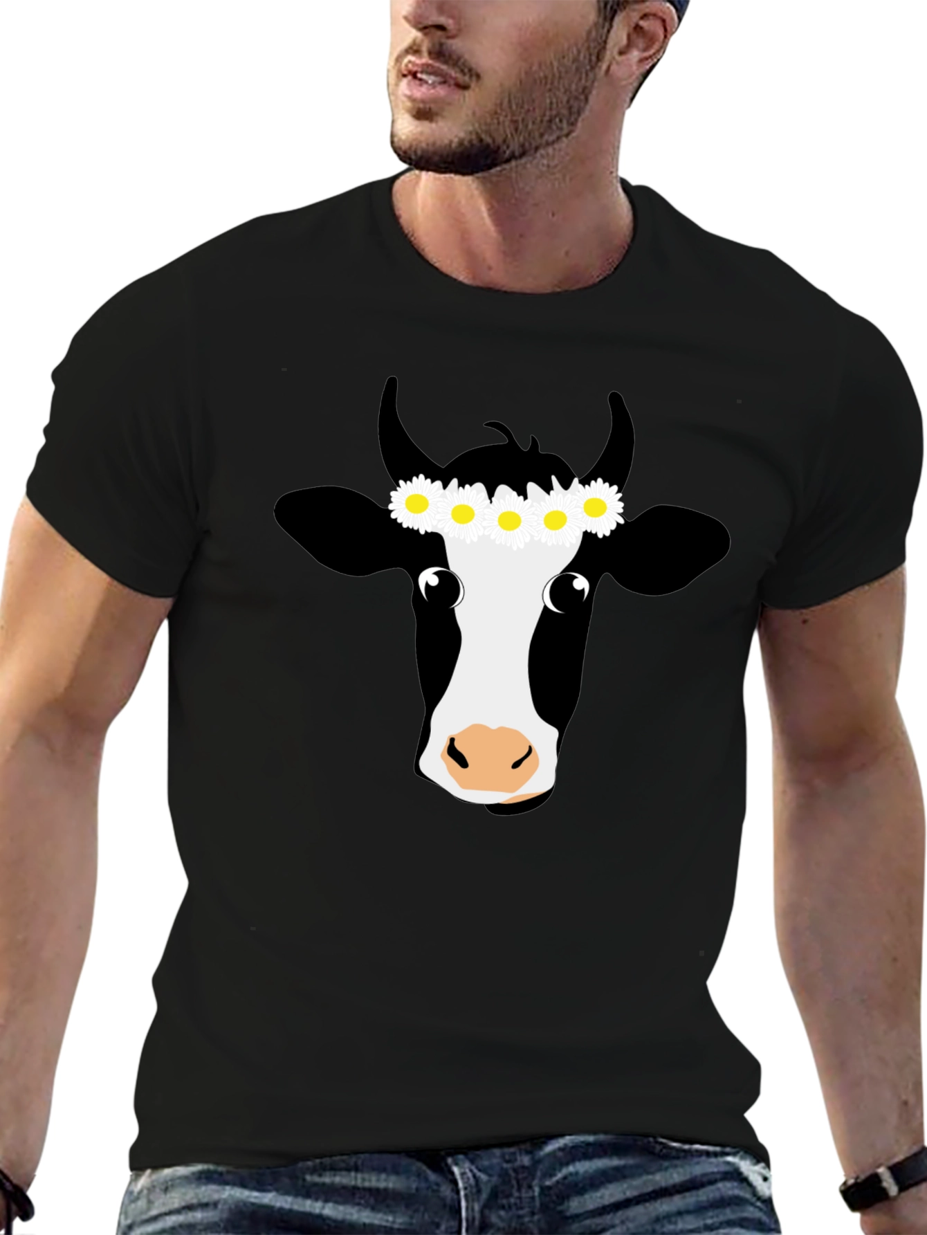 Daisy Cow Graphic Tee - Black Cotton T-Shirt