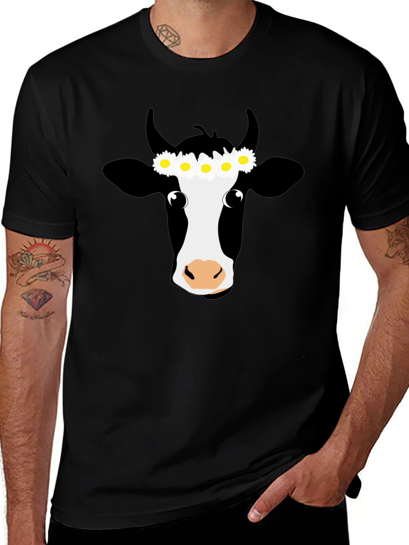 Daisy Cow Graphic Tee - Black Cotton T-Shirt
