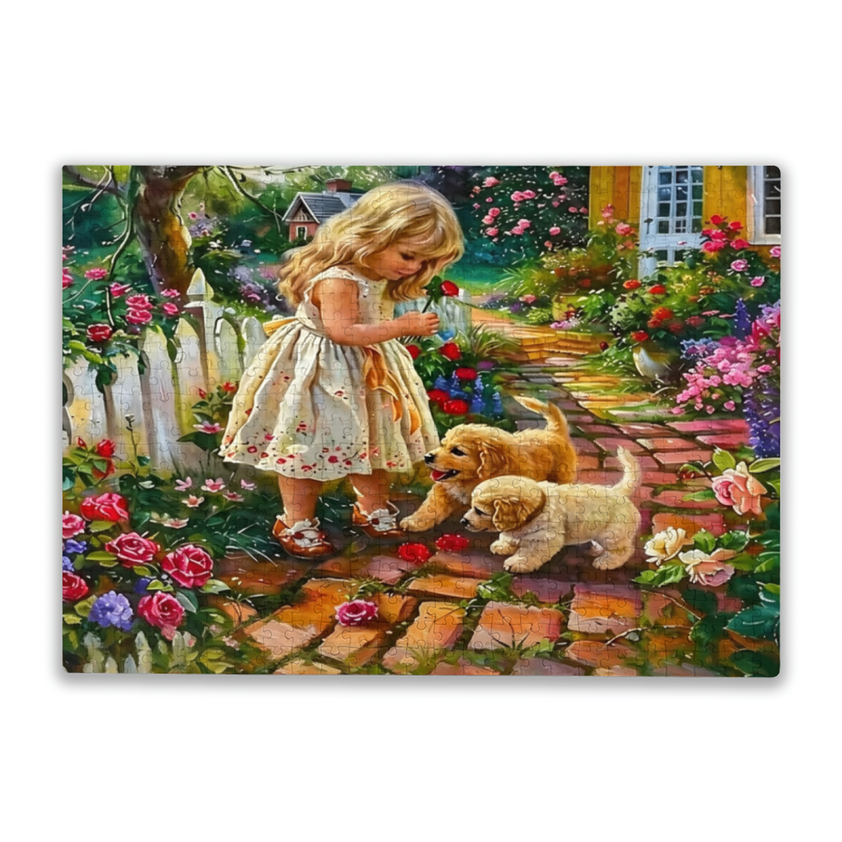 Sweet Little Girl & Golden Puppies Floral Garden Puzzle