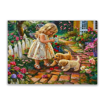 Sweet Little Girl & Golden Puppies Floral Garden Puzzle