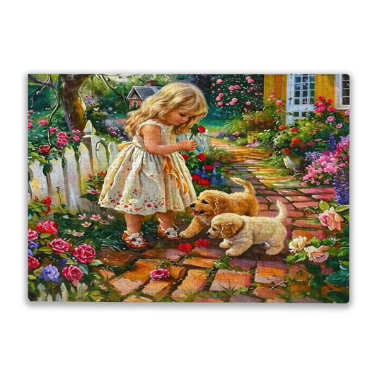 Sweet Little Girl & Golden Puppies Floral Garden Puzzle