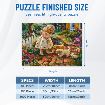 Sweet Little Girl & Golden Puppies Floral Garden Puzzle