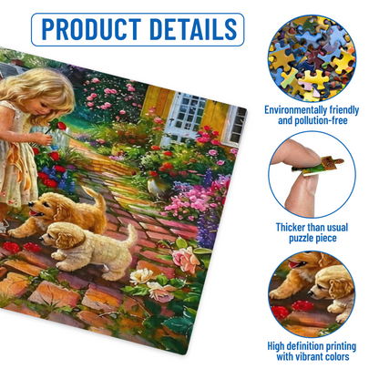 Sweet Little Girl & Golden Puppies Floral Garden Puzzle
